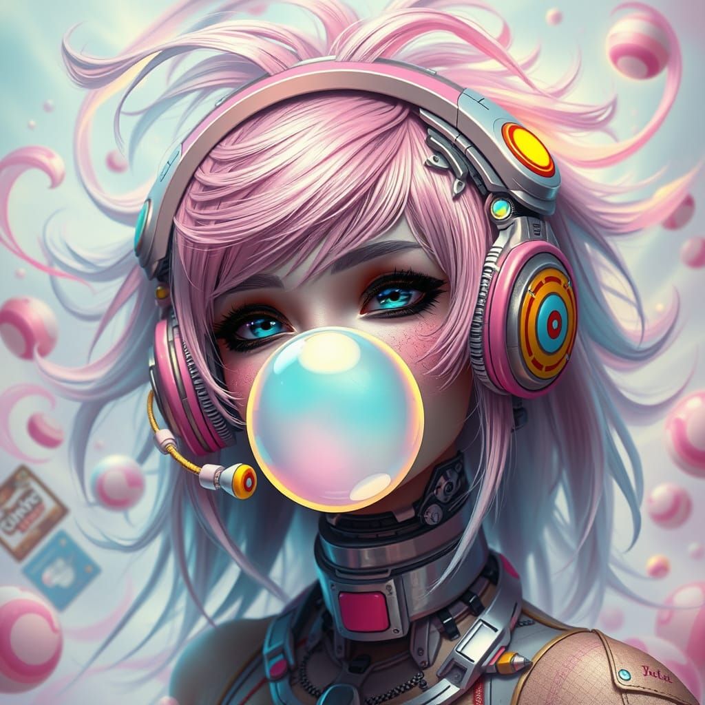 Vibrant 80s Anime-Inspired Cyborg Chick in Whimsical Dreamsc...