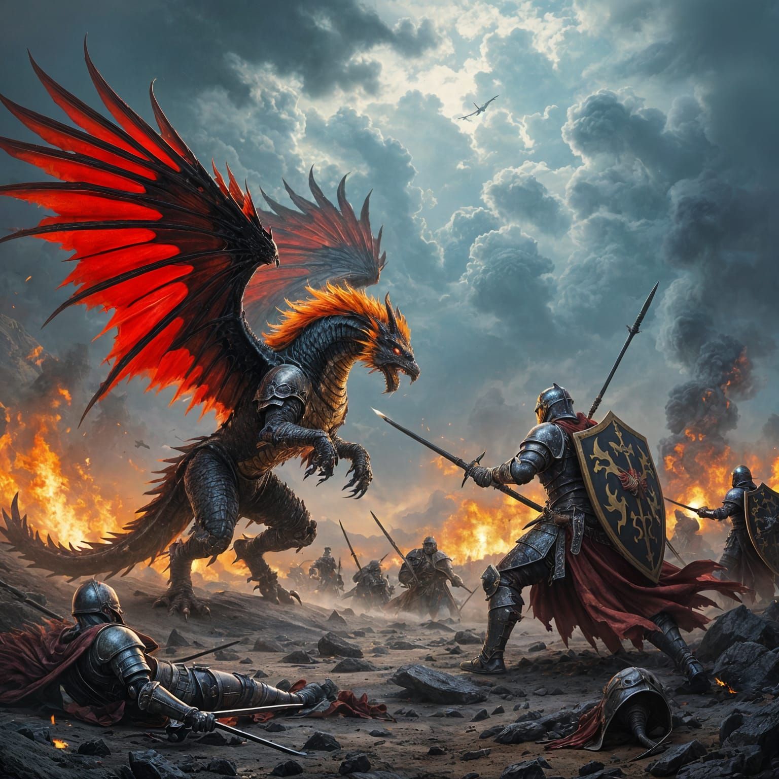 Dragon Griffon Hybrid Battle with Armored Knight