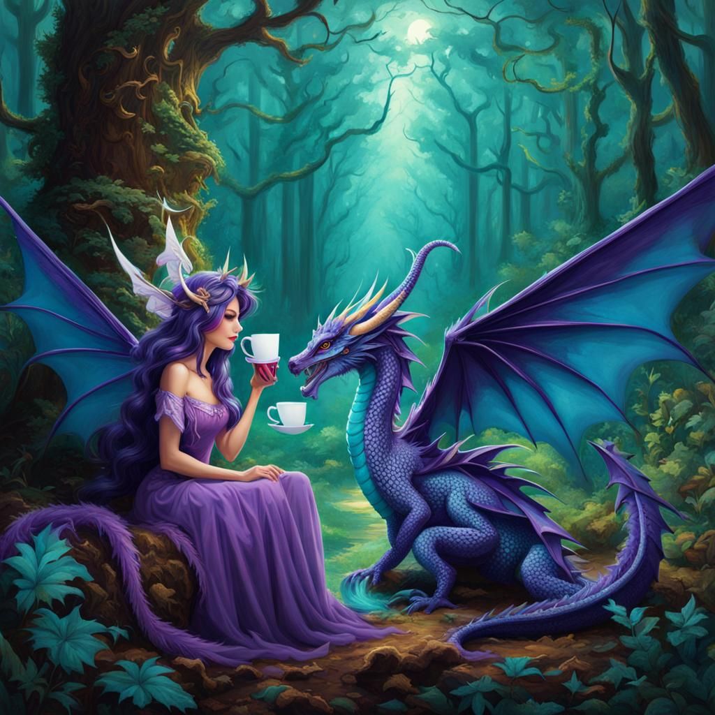 Mythical Creatures Enjoying a Morning Brew in an Enchanted F...