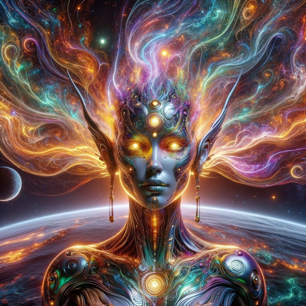 Cyborg Goddess in Vibrant, Hyper-Real Cosmic Landscape