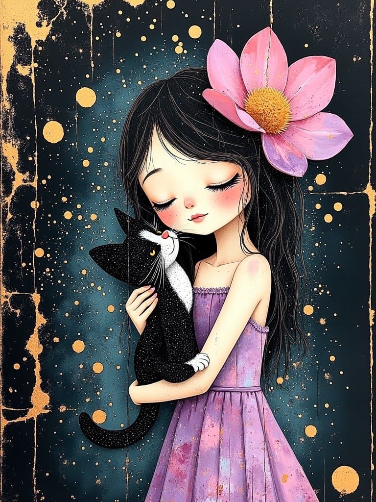 Whimsical Girl and Feline in a Vibrant, Textured Oil Paintin...