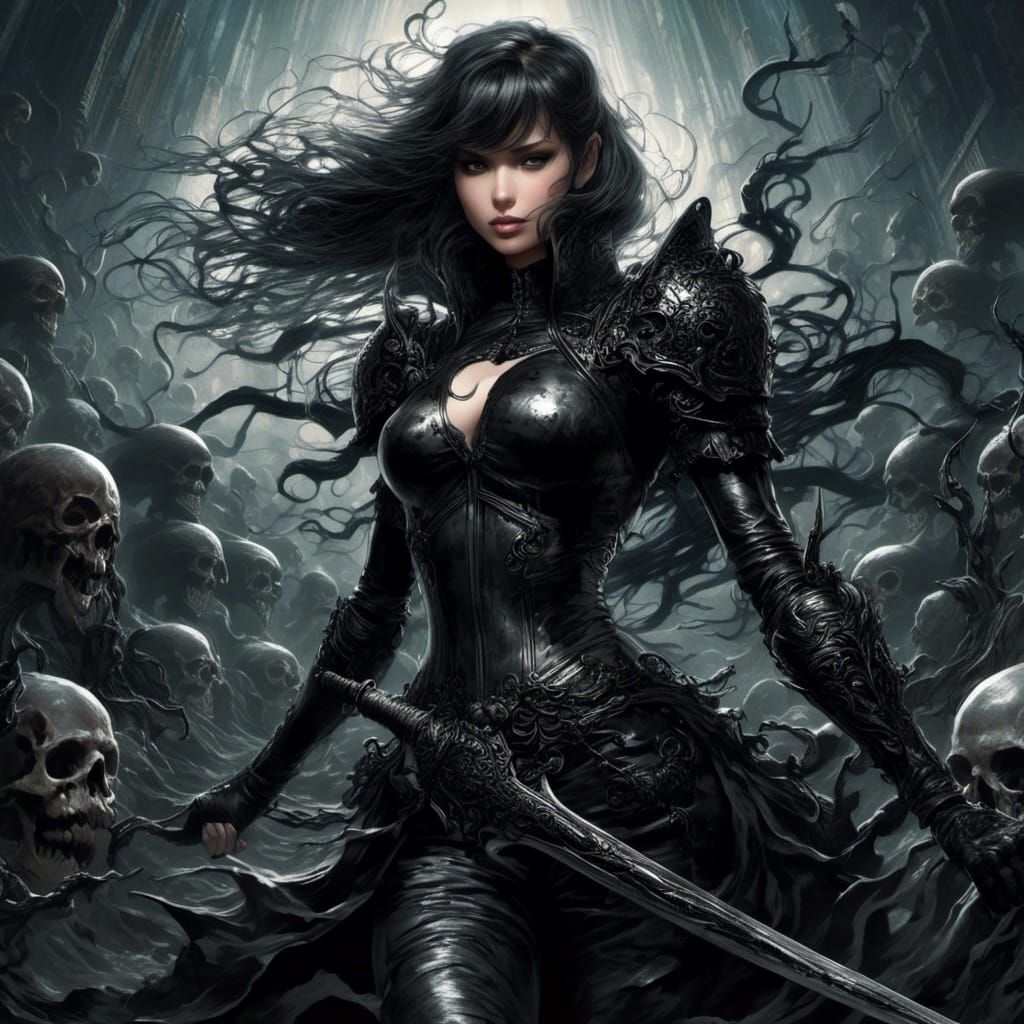 Dark Fantasy Anime Girl in Graveyard of Black Slime