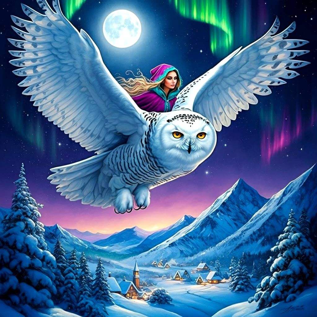 Majestic Snow Owl Soars Under the Full Moon with a Beautiful...