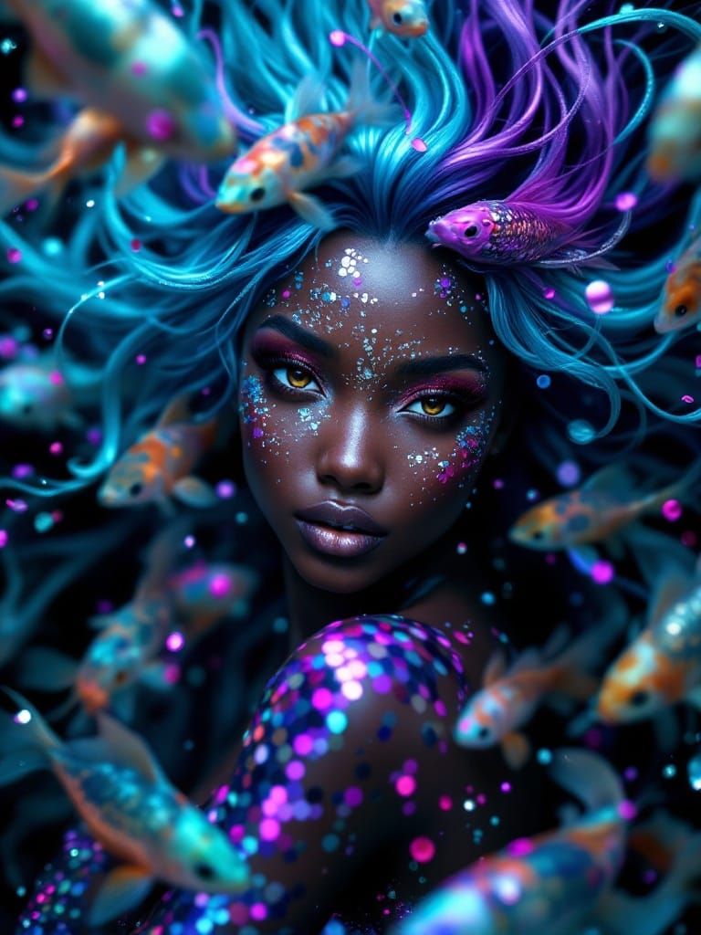 Majestic Black Mermaid Queen in Tropical Ocean