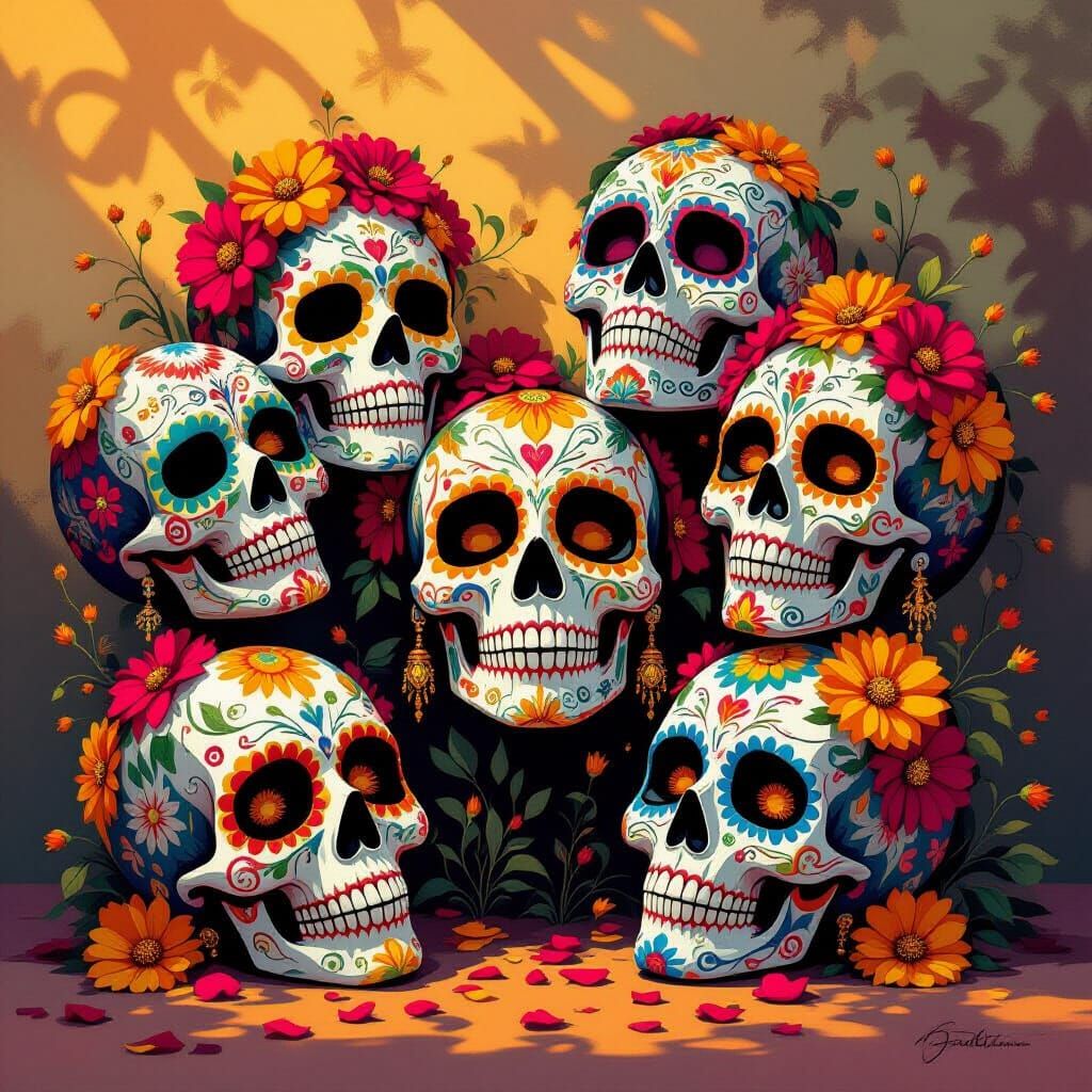 Vibrant Day of the Dead Masks in Surreal Mixed-Media Style