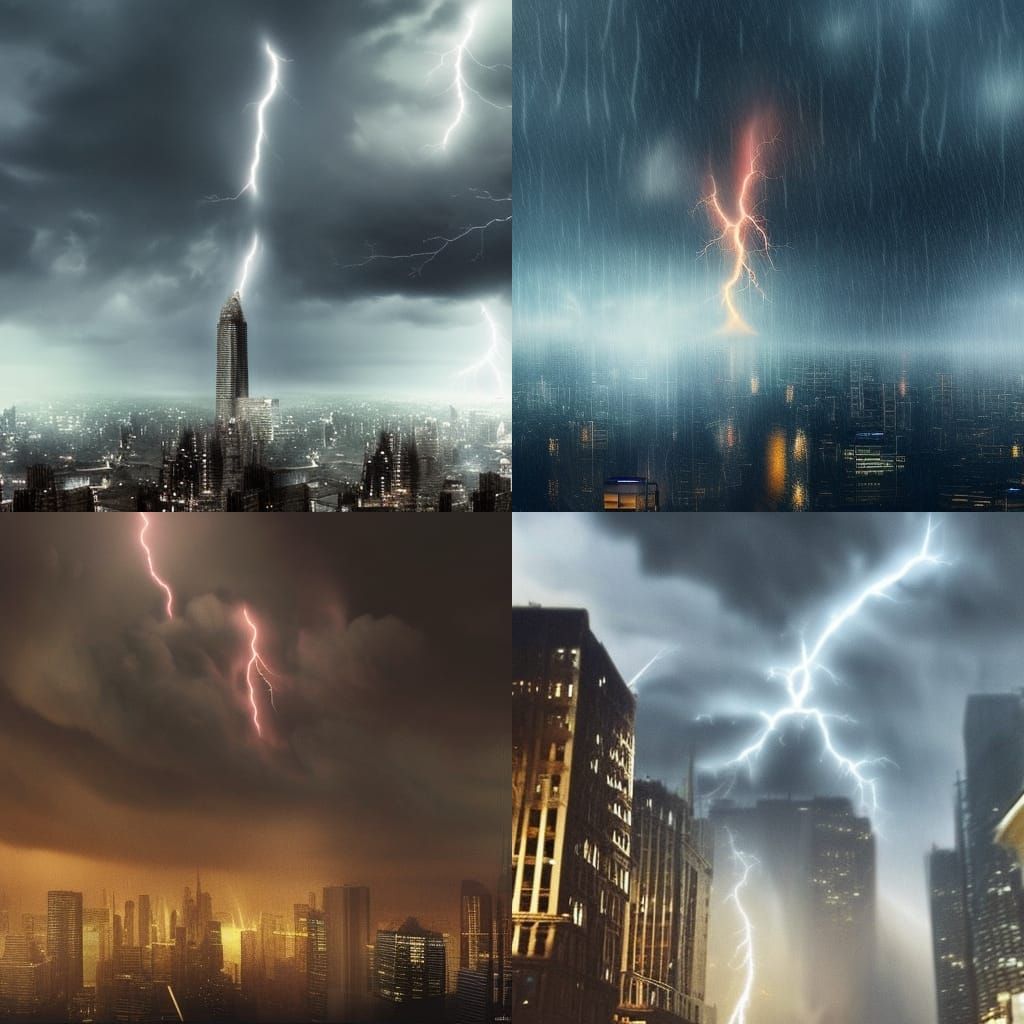 Epic Nighttime Skyscraper Lightning Storm Digital Painting