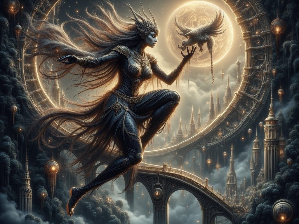 Dark Elf Ninja Leaps Across Clockwork Bridge in Neo-Baroque ...