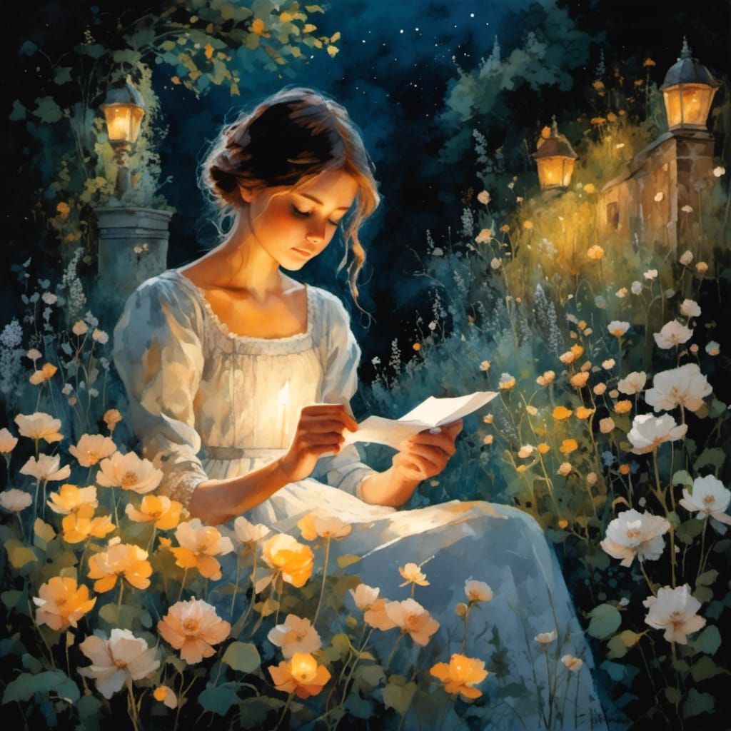 Romantic Garden Scene in Intricate Watercolor Style