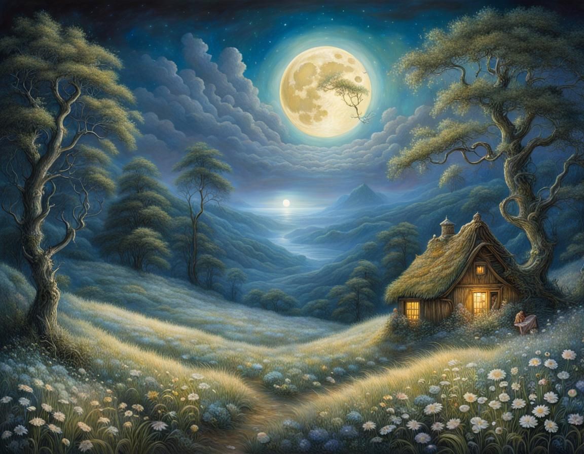 Dreamlike Moonlit Meadow with Ethereal Creatures