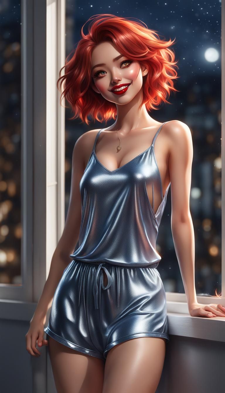 Full body view, cute auburn messy hair, red lips, long eyelashes, petite, flat chest, wearing adorable shiny loose sleev...