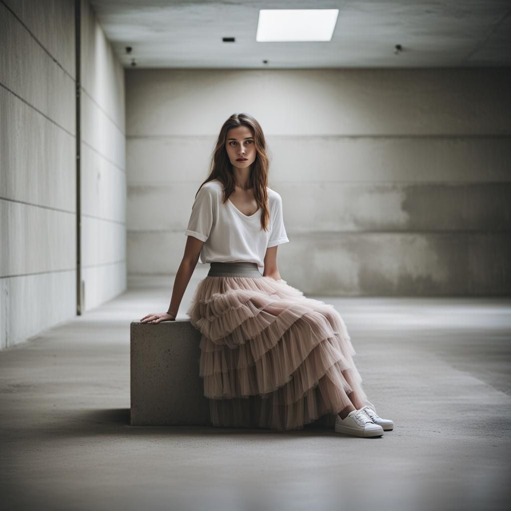 Young Woman in Ethereal Maxi Skirt on Concrete, Captured in...