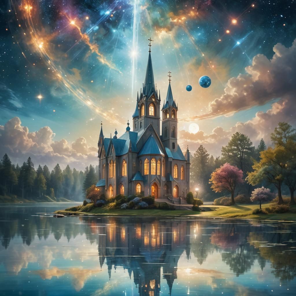 A church by a serene lake