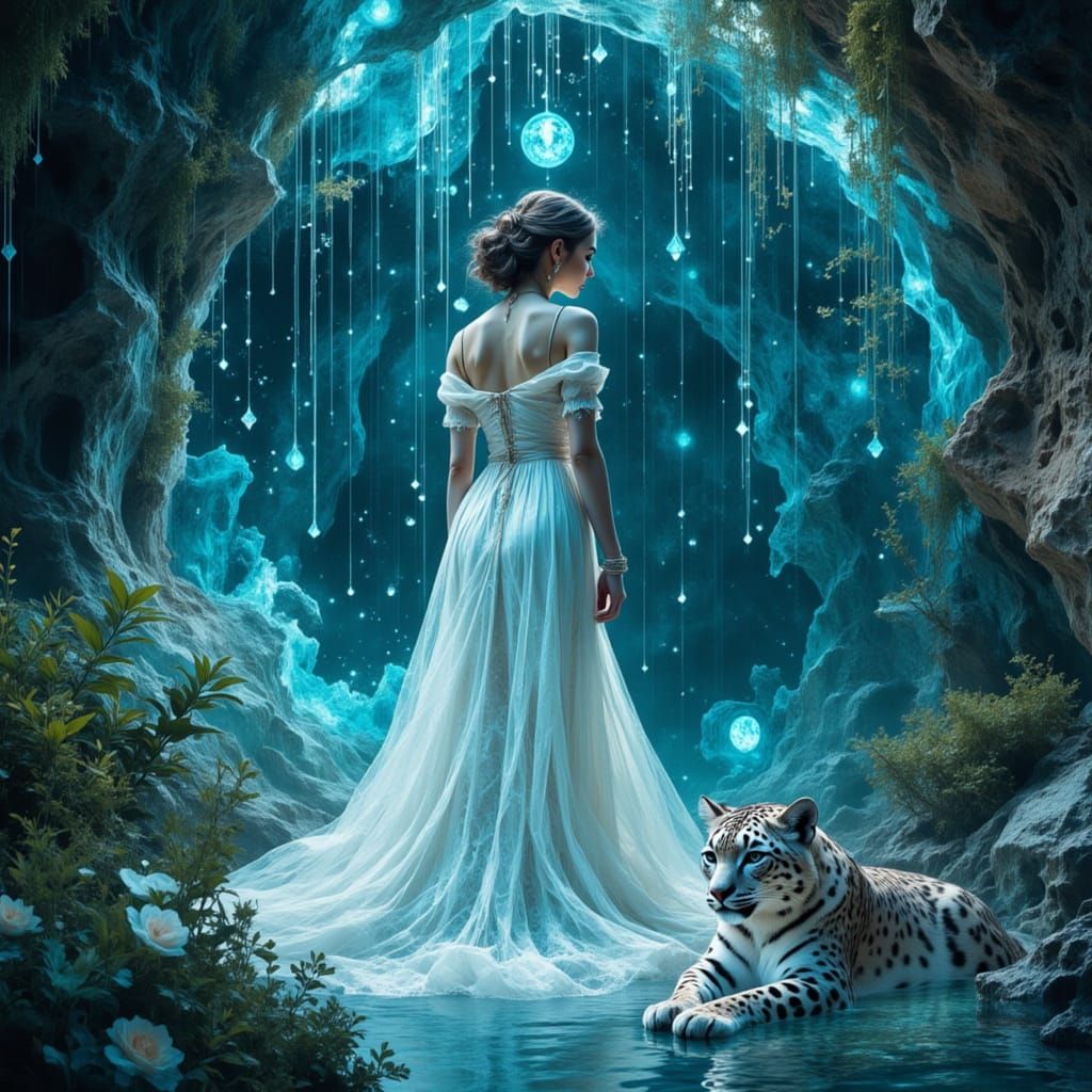 Fairytale Princess in Crystal Cave with Snow Leopard