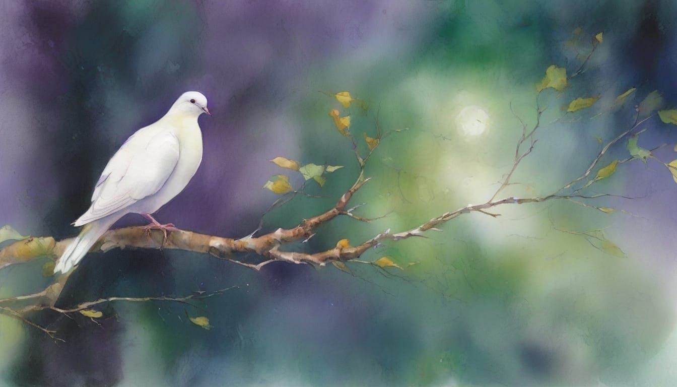 Dove on Branch with Moon in Watercolor Style