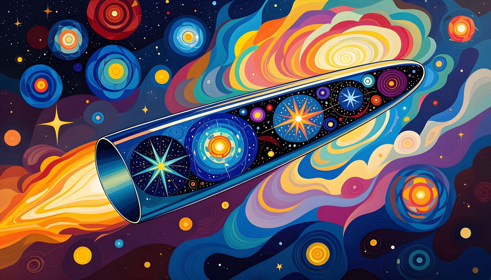 Metallic Cylinder Soaring Above Star Cluster as Impasto Pain...