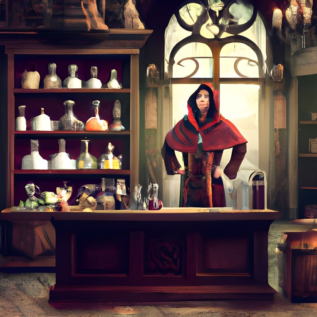 Mysterious Potion Merchant in Torch-Lit Shop