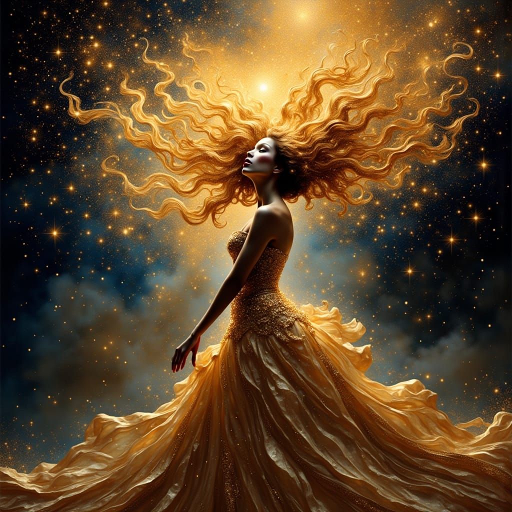 Woman With Cosmic Star Hair in Gown, Boris Vallejo Style