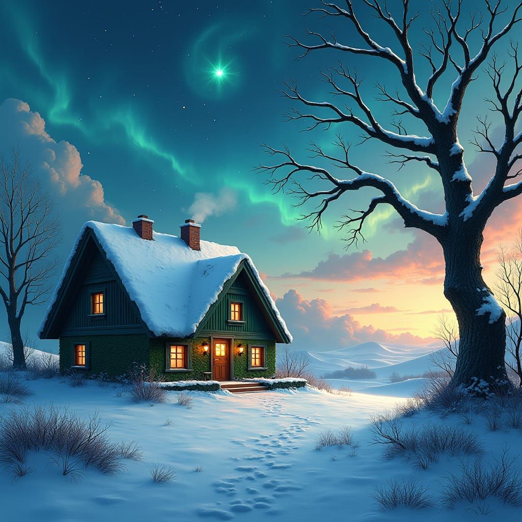 Whimsical Winter Wonderland Scene in Cyberpunk Style