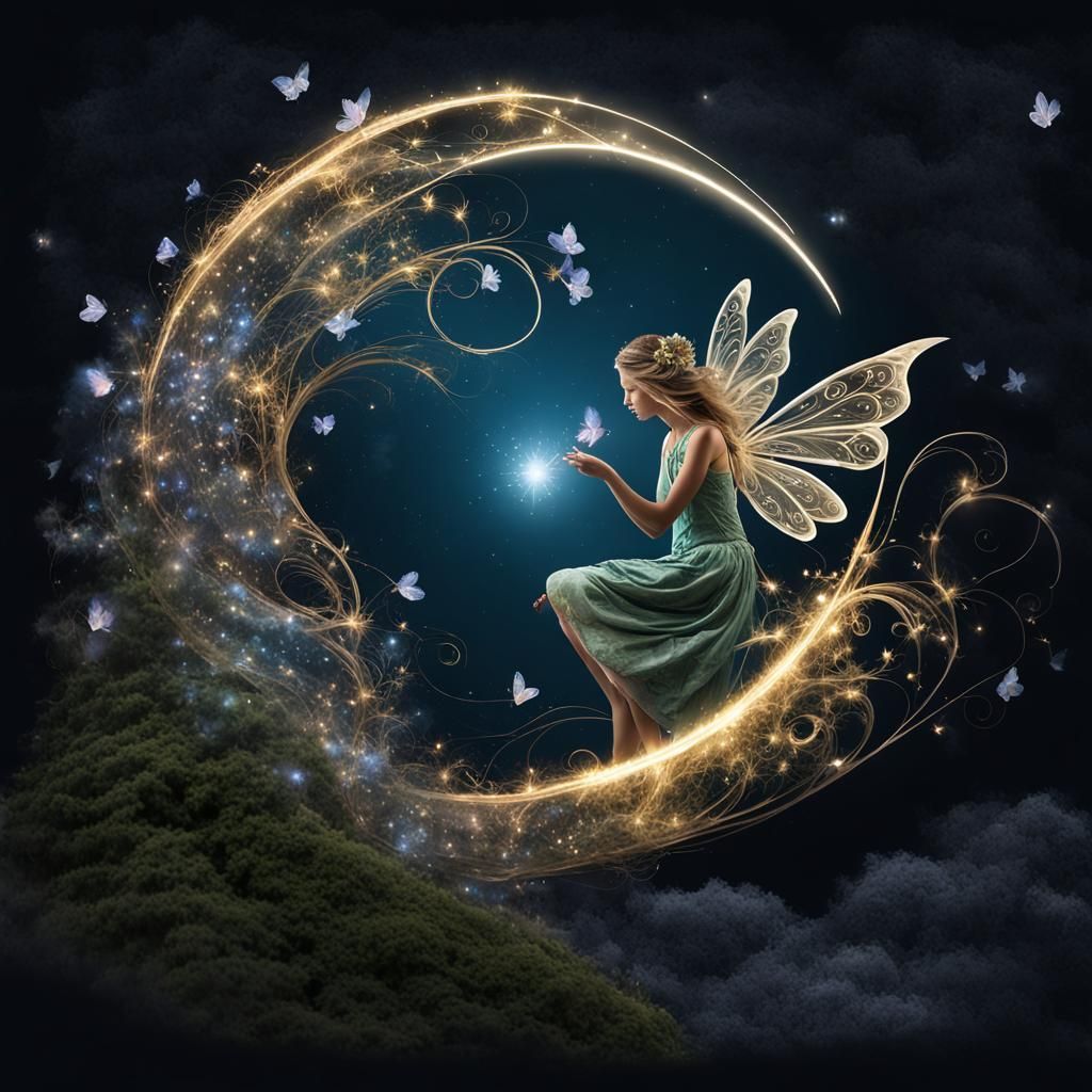 Surreal Fairy Illuminated by Moonlight and Flowers
