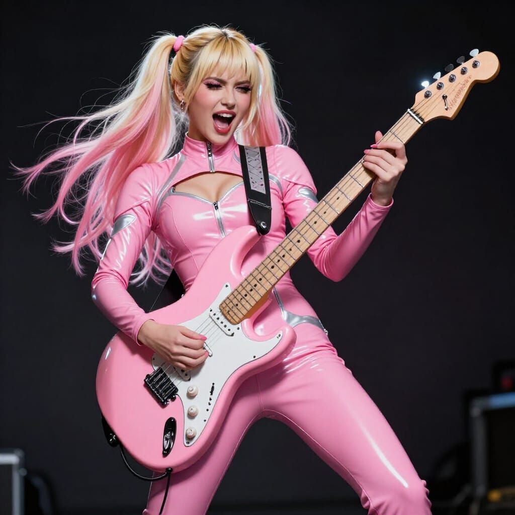 Rock Guitarist in Pink Latex with Neon Glow