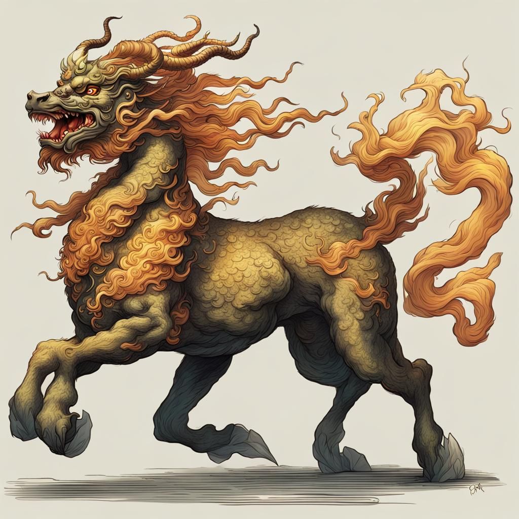 Mystical Chinese Qilin Runs through Dark Skies