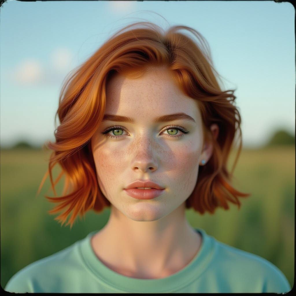 Teen Redhead with Green Eyes and Blind Eye in Cinematic Styl...