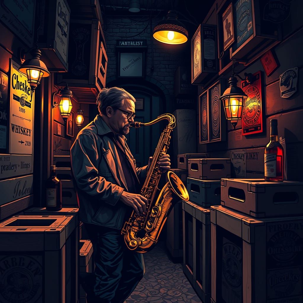 Saxophonist in Dim Speakeasy, Abstract Vector Fractal Art
