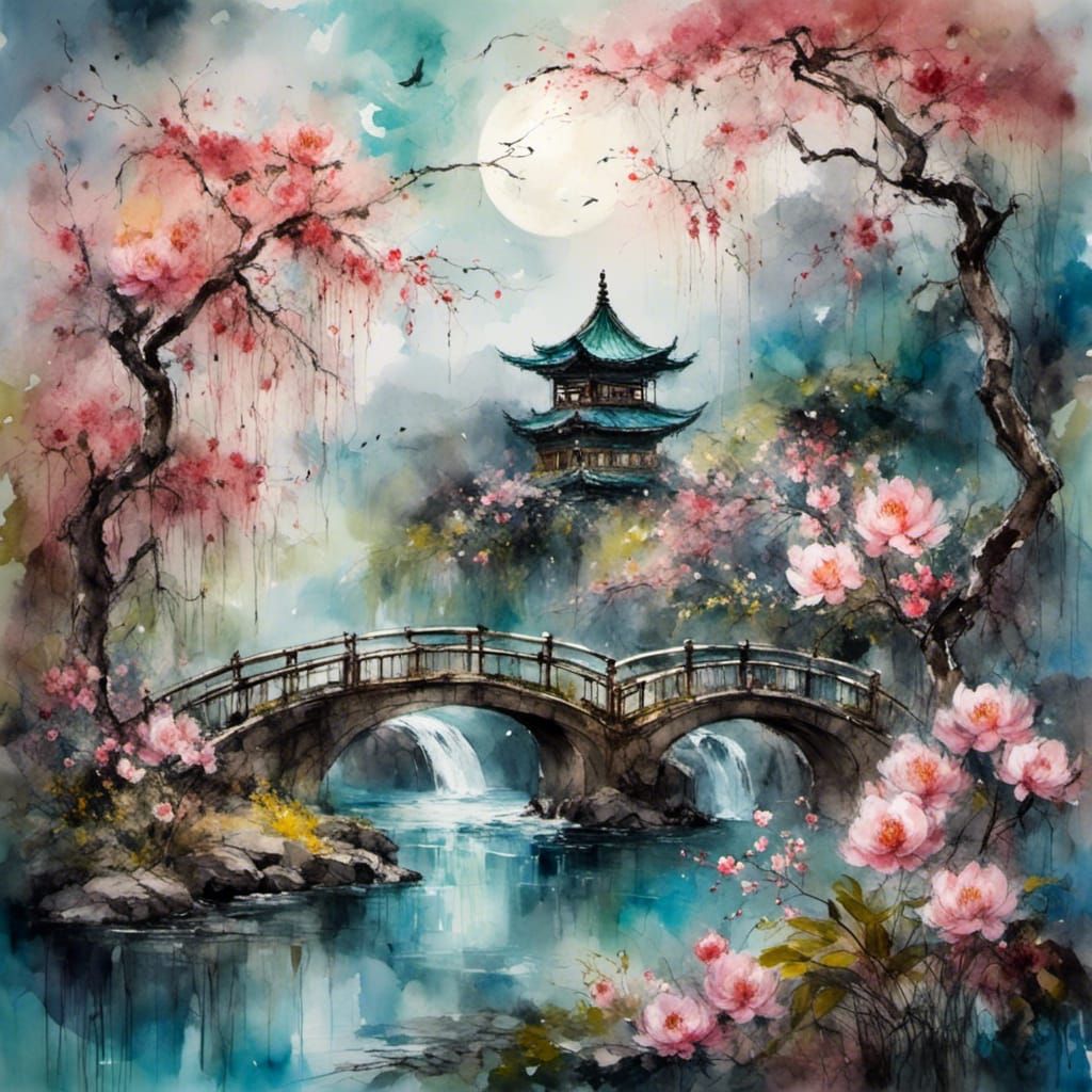 Surreal Chinese Landscape Painting in Aqua IndianSum Style