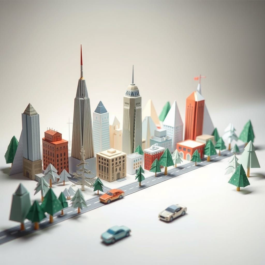 Origami City: Miniature Paper Metropolis in Studio Light