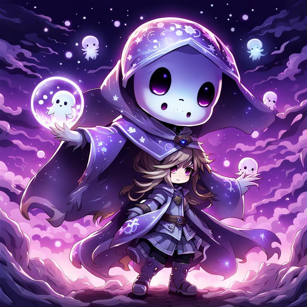 Vibrant Ghost Chibi in a Dreamy Purple Realm