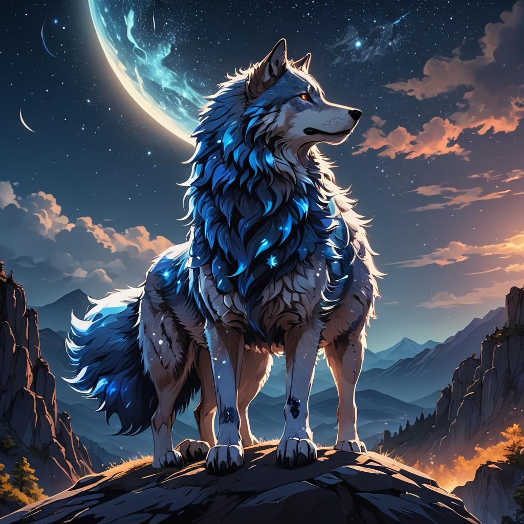 Celestial Wolf in Vibrant Anime Style
