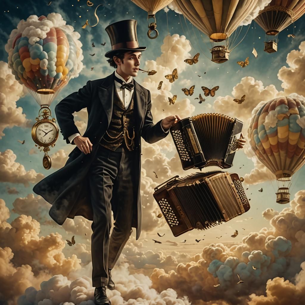 Steampunk Man Floats on Cloud Playing Pocket Watch