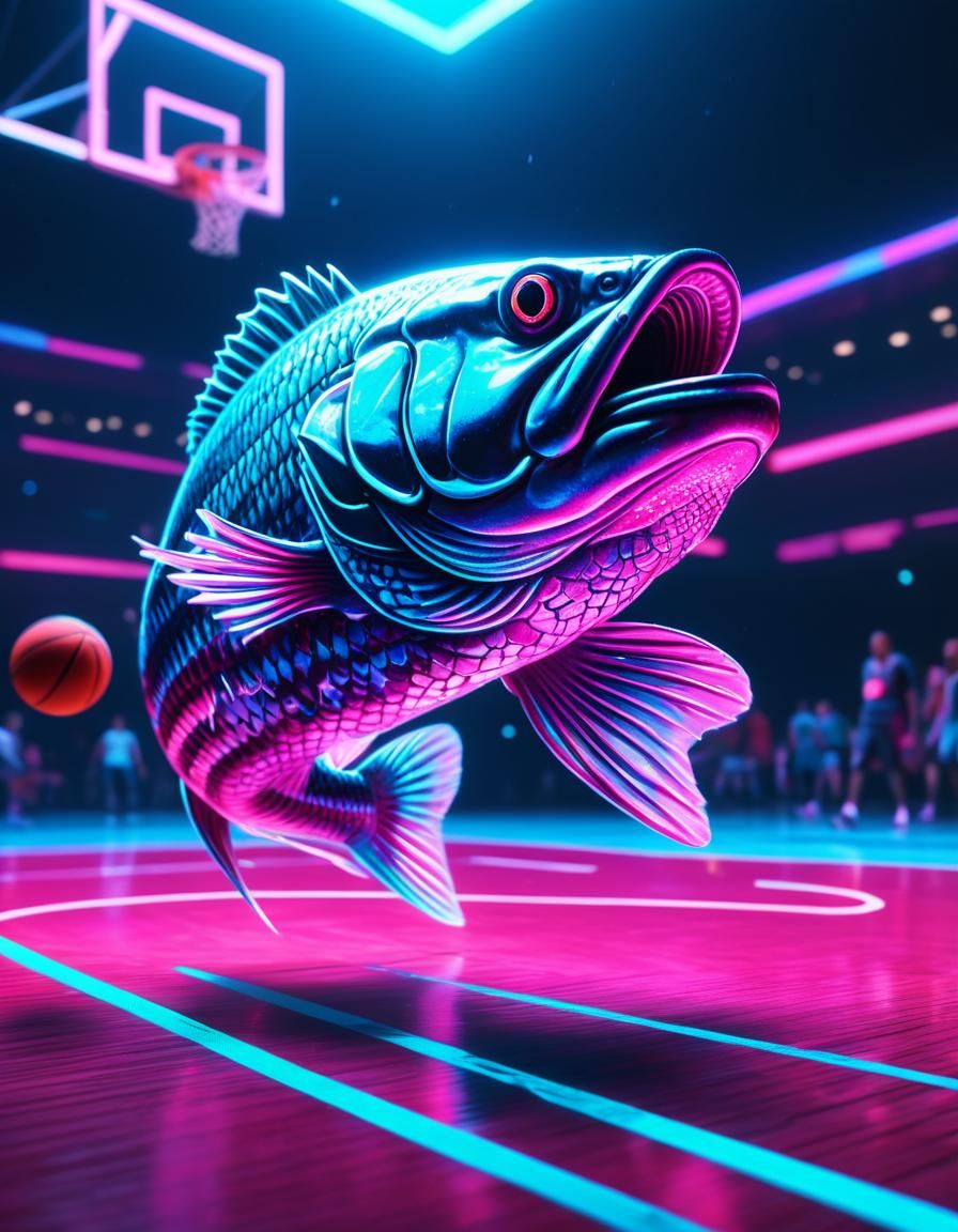 Neon Bass Fish Dominates the Court in Retro Futuristic Hyper...