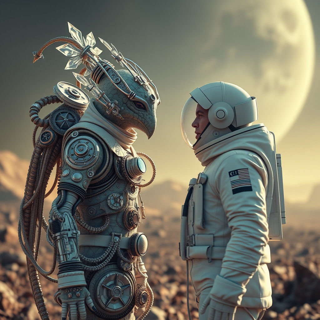 Fantasy Space Explorer in Intricate Gearsuit Standing on Ali...