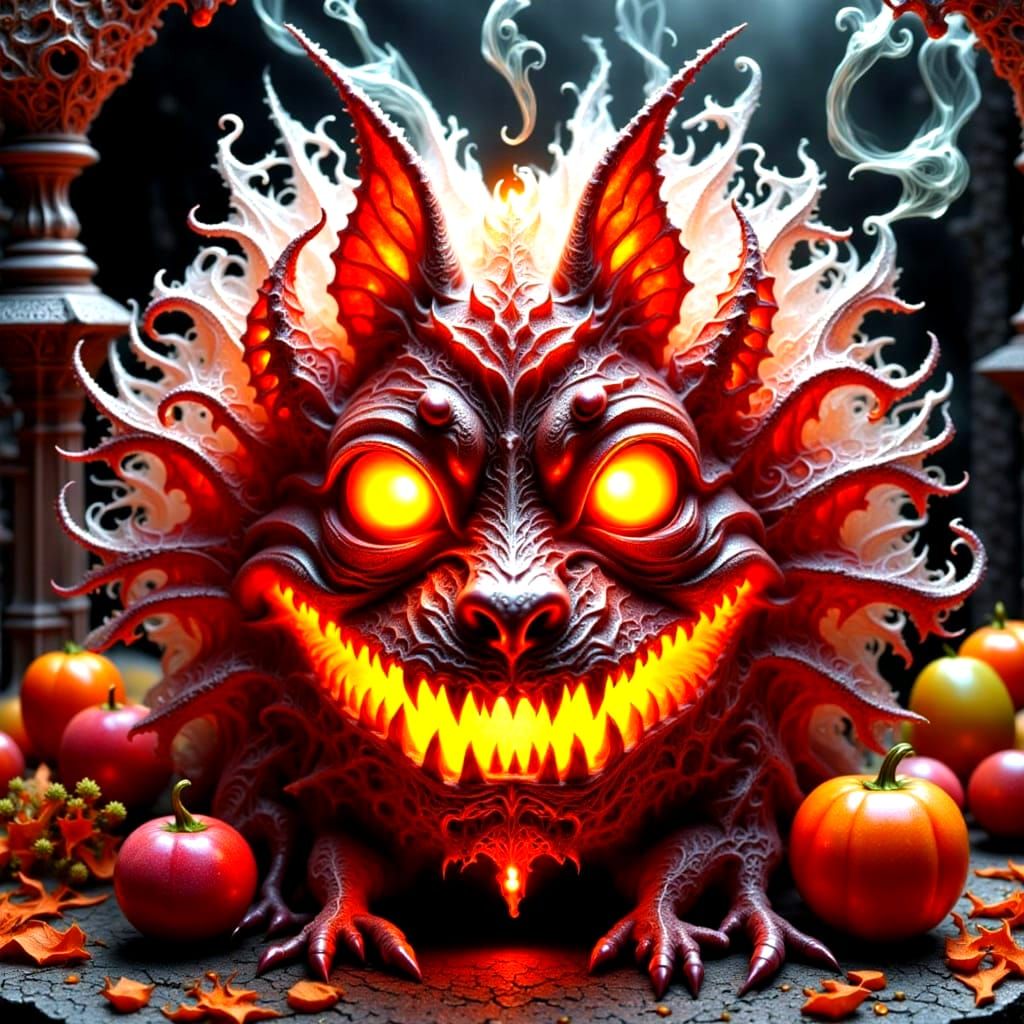 Scary Spirit Bat Monster with Intricate Filigree and Pumpkin...