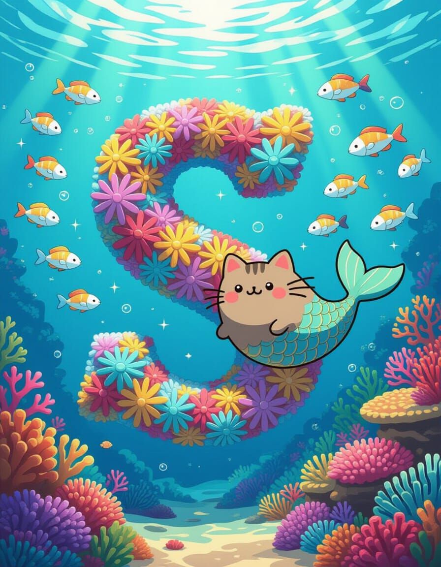 Mermaid Pusheen Swims Past Coral S in Sunlit Reef