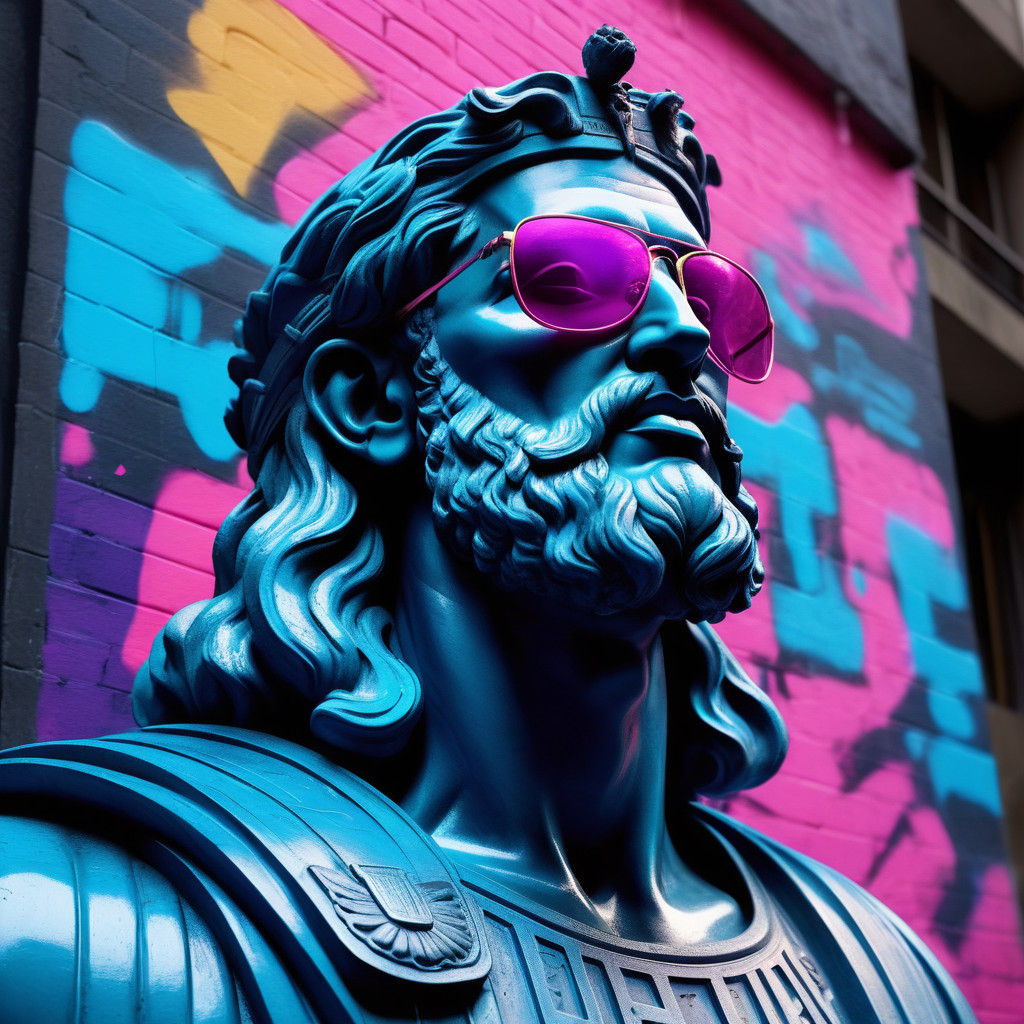 Hyperrealistic Greek God Statue in Dark Urban Setting