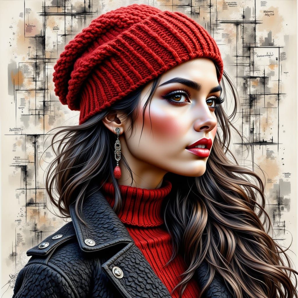 Detailed Illustration of Figure in Knitted Hat