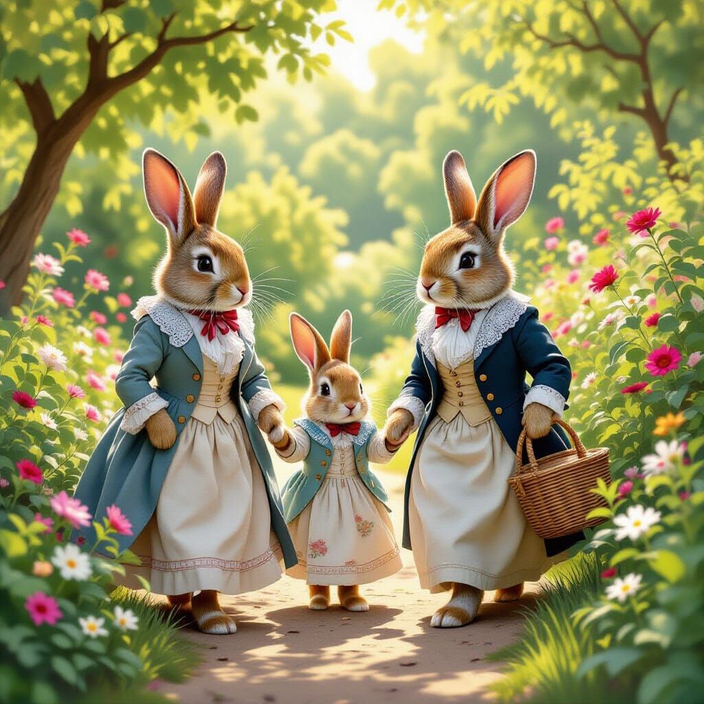 Victorian Rabbits Stroll Through Enchanted Garden