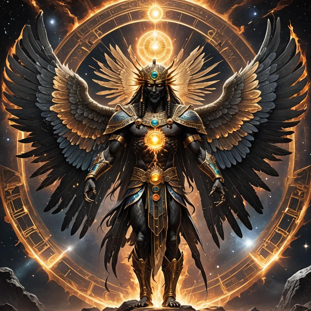 Ancient Egyptian God of Balance Adorned with Crystal Solar W...