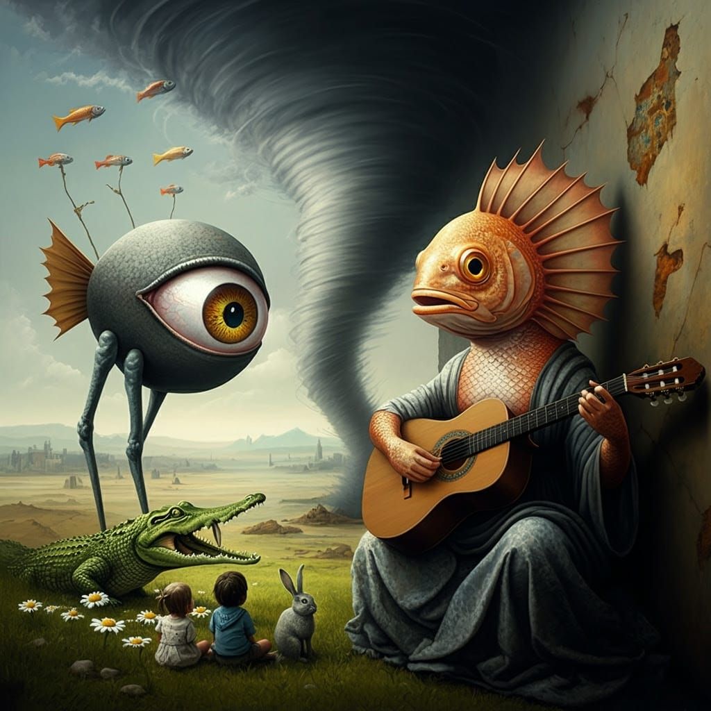Surreal Fish Goddess Plays Guitar in Whirlwind of Color