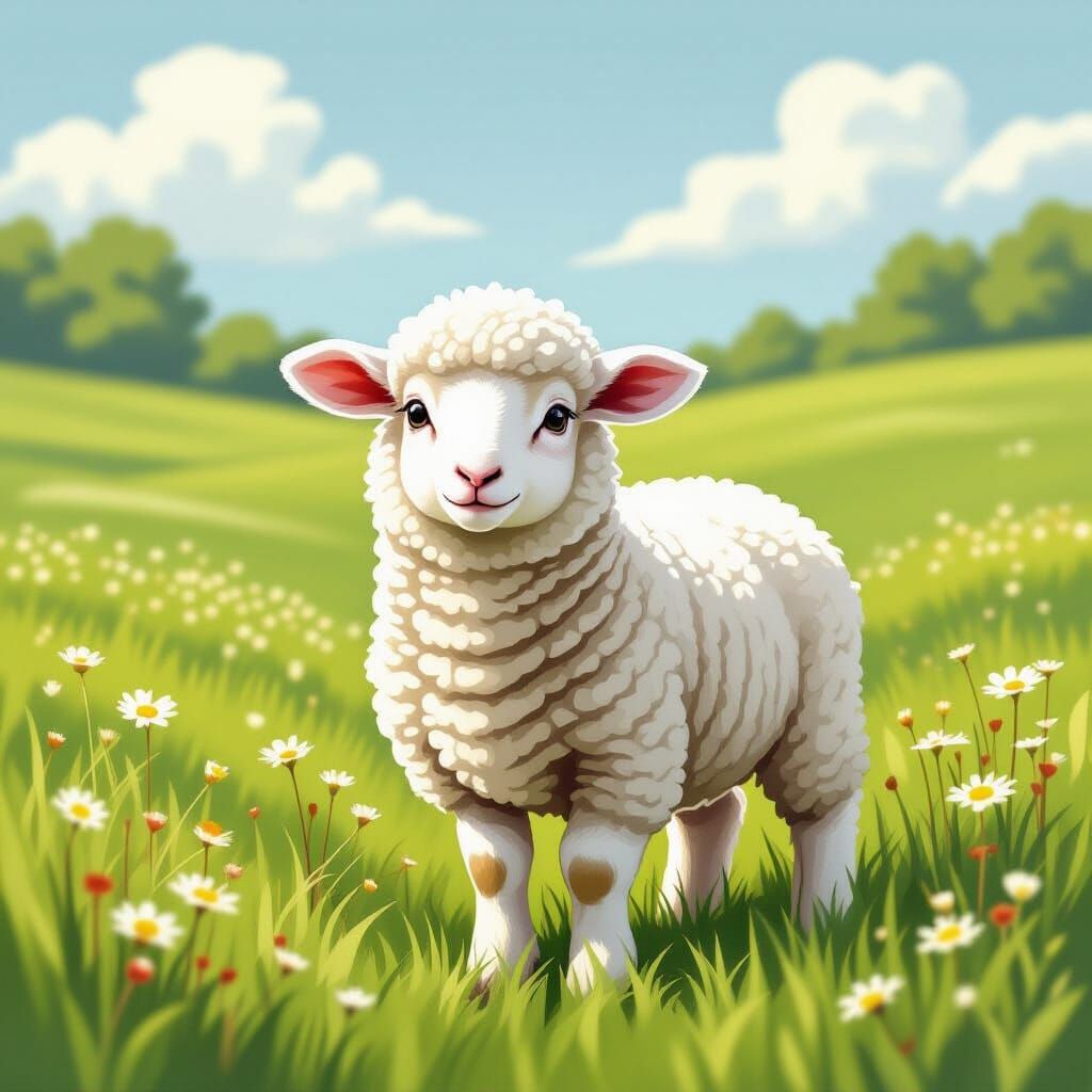 Timid Lamb in Meadow, Beatrix Potter Style