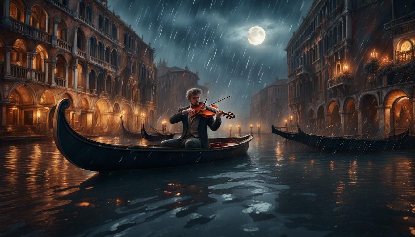 Moonlit Serenade on a Rainy Venice Night