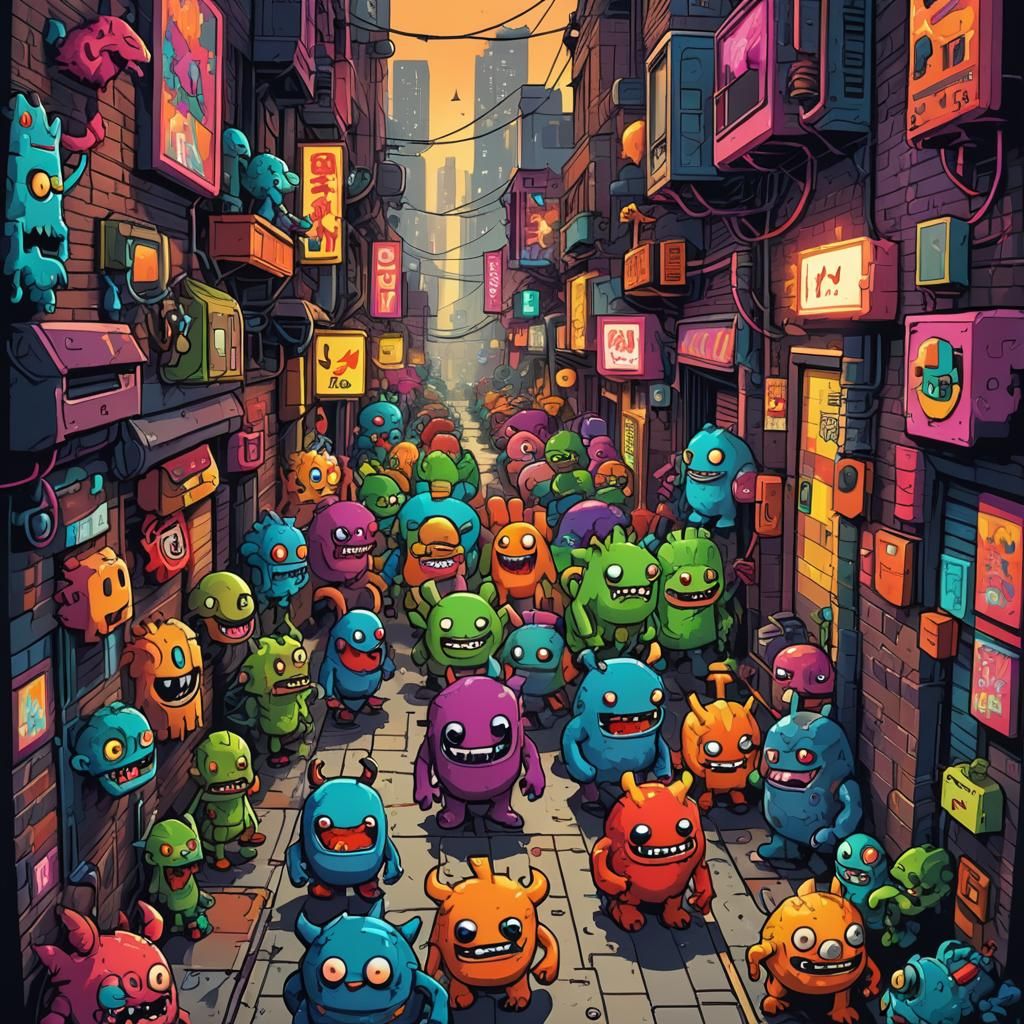 Vibrant, Pop-Art Monsters Unite in a Bold, Dimly Lit Alley