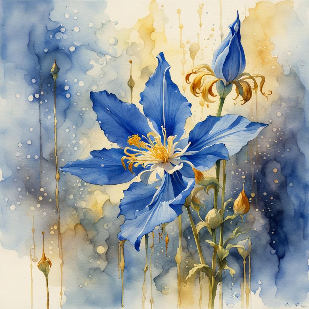 Ethereal Blue Columbine in Vibrant Watercolor