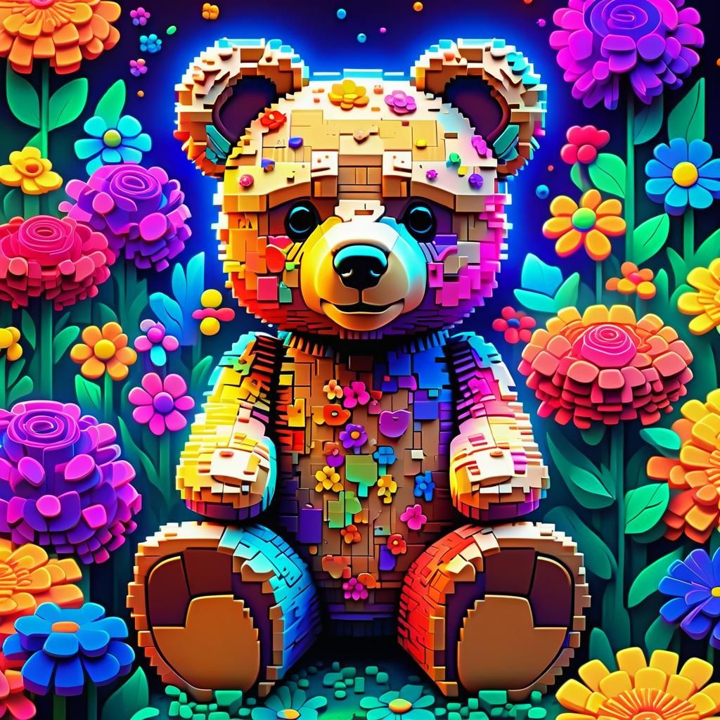 Psychedelic Pixel Art Teddy Bear in Neon Garden