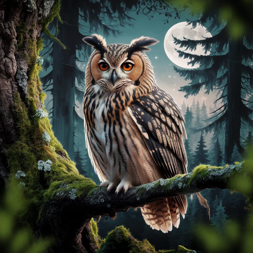 A wise old owl with , perched gracefully on a moss-covered t...