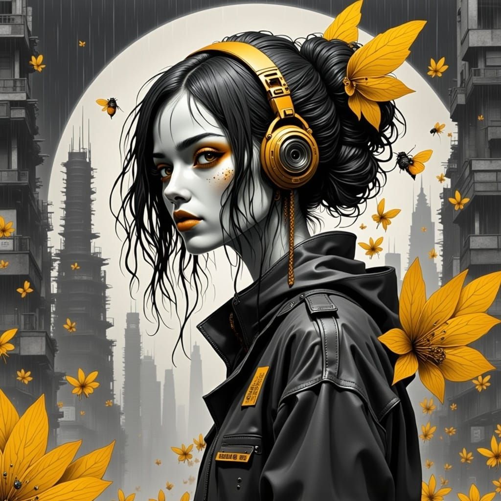 Cyberpunk Beehive Girl in Dark NeoTokyo