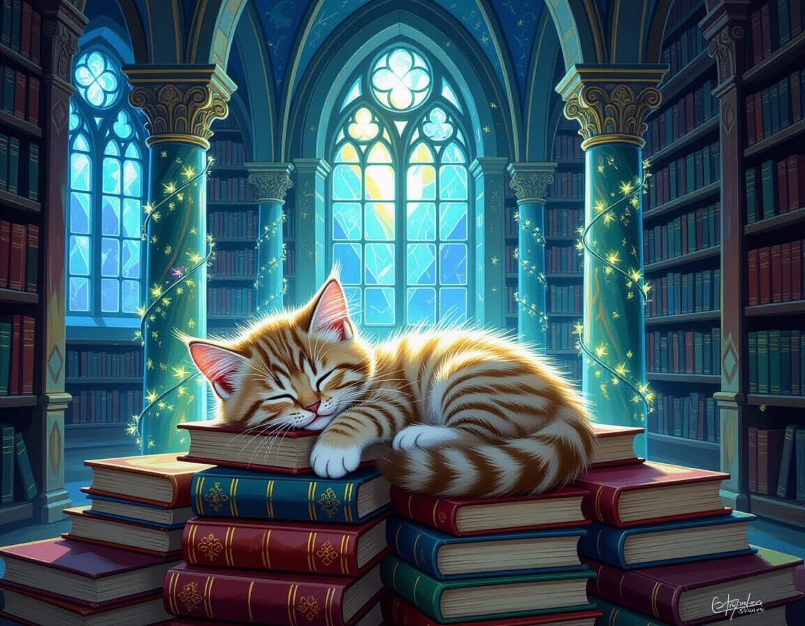 Baby Cat-Dragon in Magical Library Oil Painting