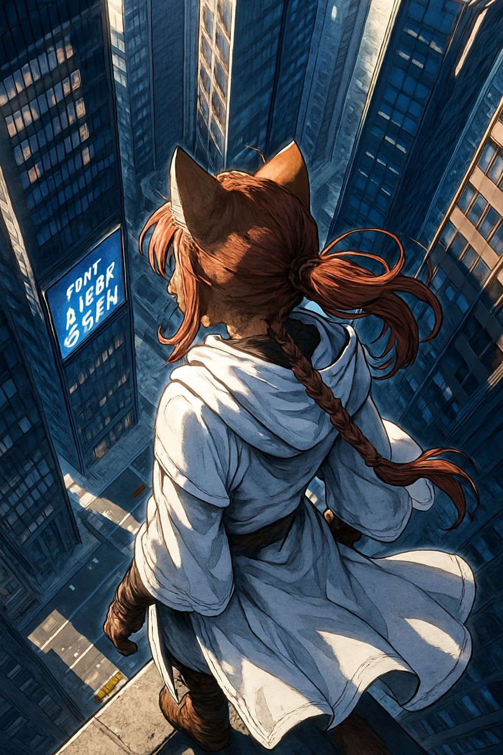Anime Cat Assassin Overlooking City in Detailed Style